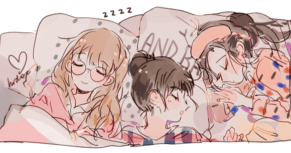 3girls artist_name blonde_hair blunt_bangs brown_hair closed_eyes commentary earrings english_commentary glasses hair_bun heart hrd0c irene_(red_velvet) jewelry k-pop lying multiple_girls on_back on_side pillow profile real_life red_velvet_(group) seulgi_(red_velvet) sleeping smile unworn_blindfold wendy_(red_velvet) zzz