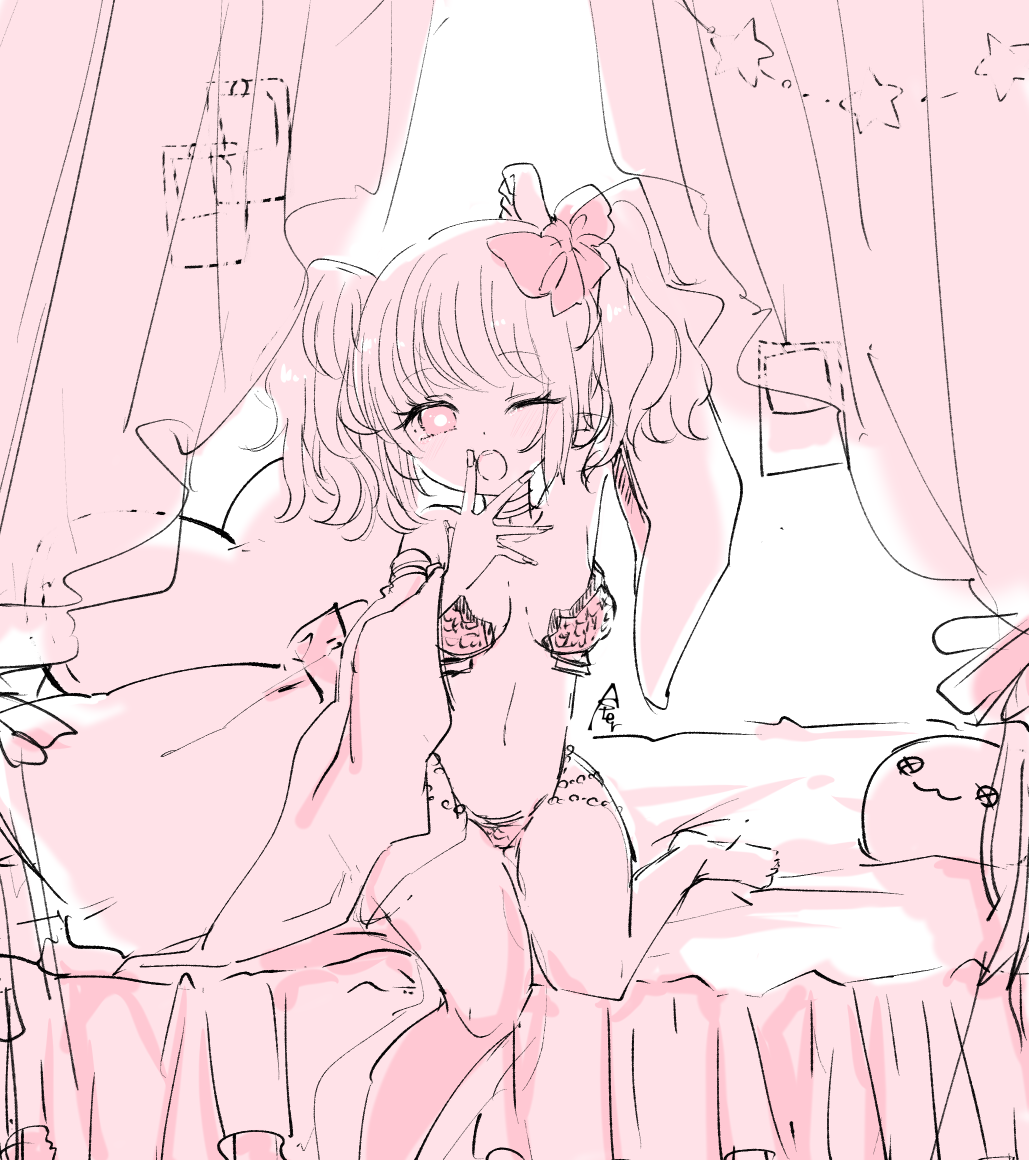1girl arm_up asuta_(kinakomoti300) barefoot bed bikini bow breasts canopy_bed commentary_request curtains foot_out_of_frame gypsy_(ragnarok_online) hair_bow heart heart-shaped_pillow looking_at_viewer medium_breasts medium_hair monochrome navel open_mouth pillow pink_theme poring ragnarok_online solo strapless strapless_bikini swimsuit two_side_up yawning