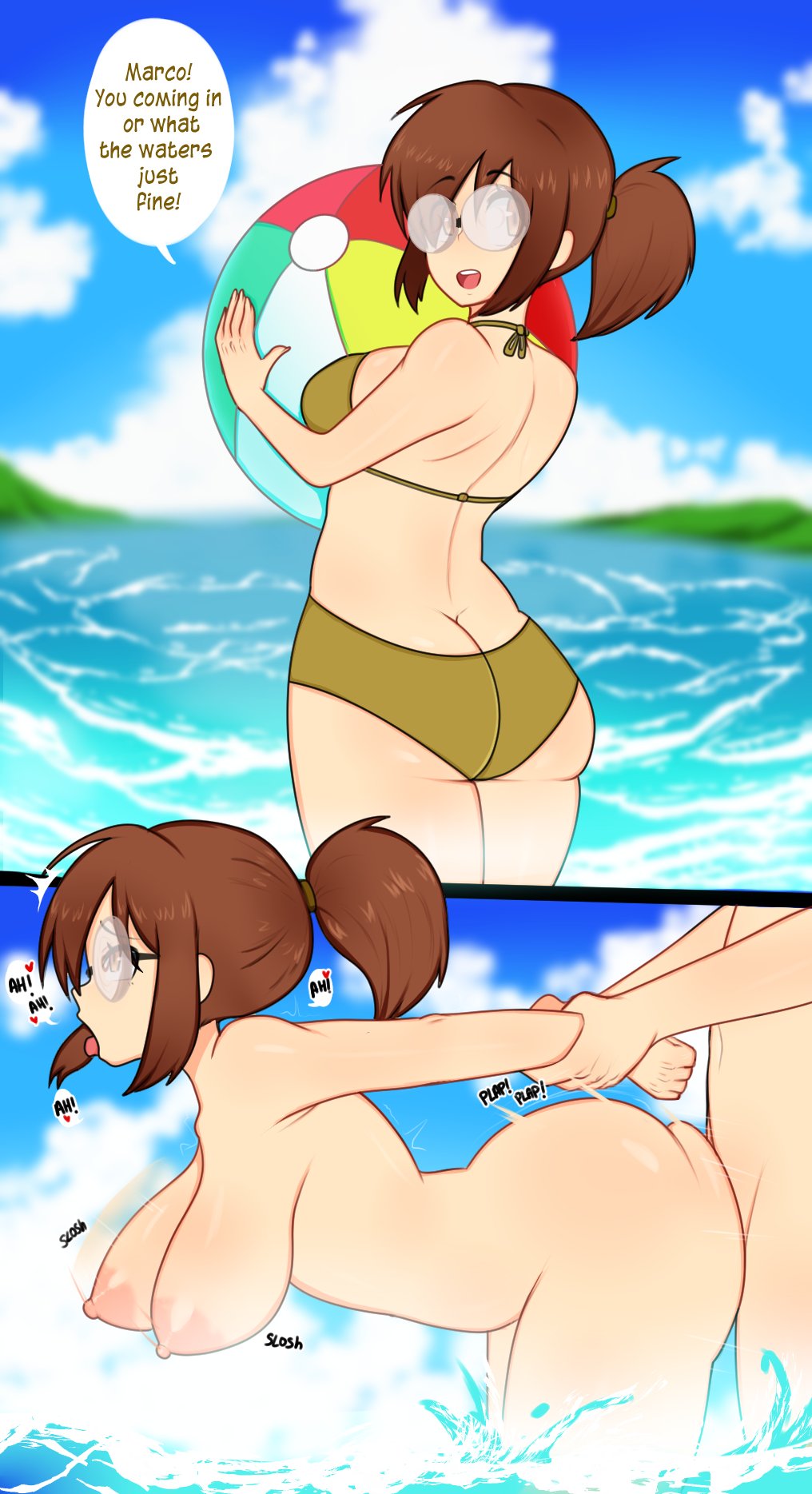 ball beach beachball bikini bouncing_breasts breasts brown_eyes brown_hair english_text fio_germi glasses highres large_breasts marco_rossi metal_slug nude ocean outdoors scocks4you sex sex_from_behind swimsuit tongue tongue_out