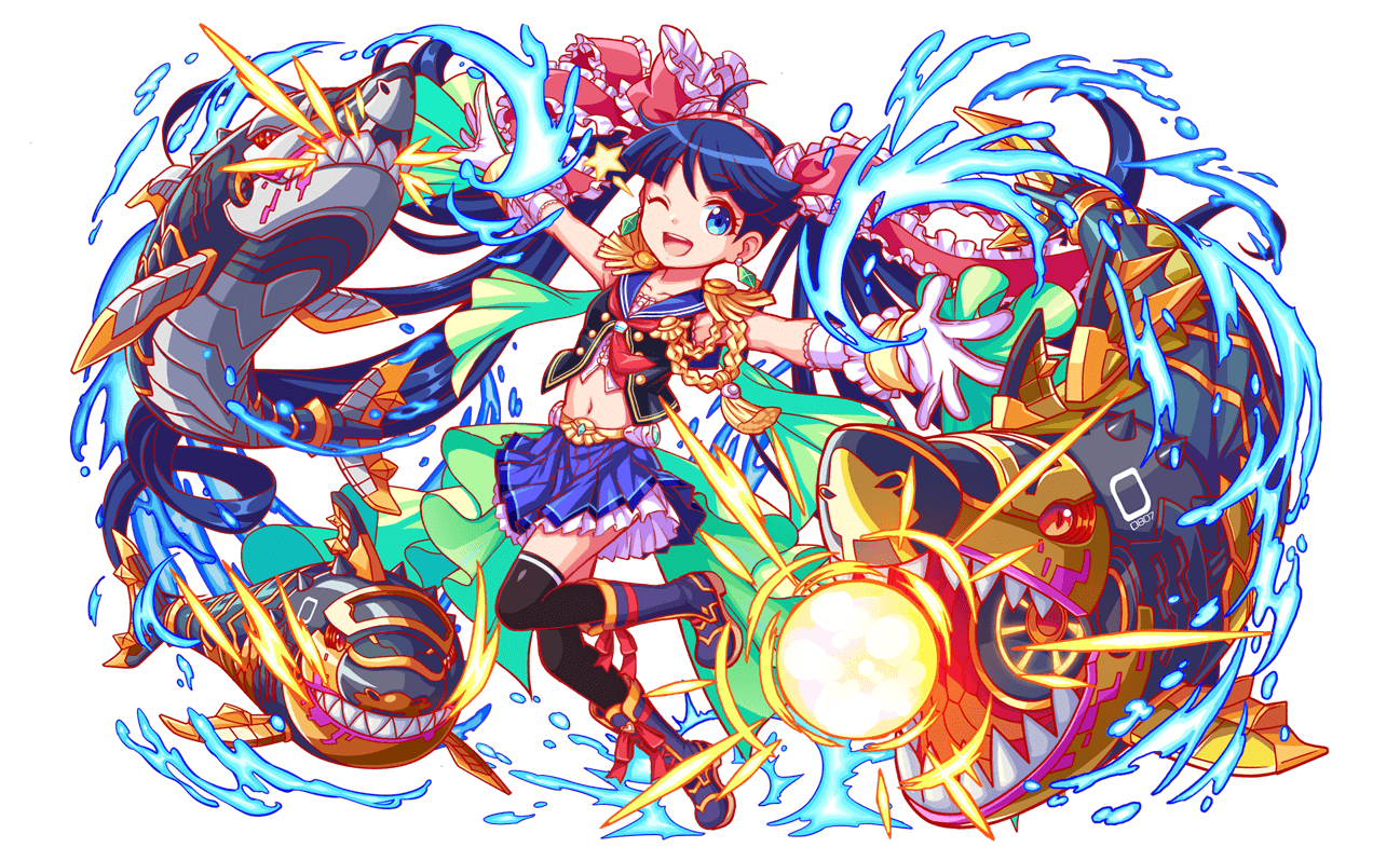 1girl ahoge aiguillette anime_coloring aqua_eyes artist_request belt black_eyes black_footwear black_thighhighs black_vest blue_outline blue_sailor_collar blue_skirt blue_sky blunt_bangs boots bow breasts buttons closed_mouth collarbone colored_sclera crash_fever cropped_shirt curly_ends earrings energy_ball epaulettes eyelashes footwear_ribbon forneus_(crash_fever) frilled_bow frilled_gloves frills full_body game_cg gem gloves gold_belt gold_buttons green_gemstone green_skirt hairband hoop_skirt horizontal-striped_thighhighs jewelry knee_boots lace lace-trimmed_gloves lace-trimmed_shirt lace_trim large_bow layered_gloves layered_skirt long_hair looking_at_viewer midriff miniskirt navel neckerchief non-humanoid_robot number_print numbered official_art one_eye_closed open_hands open_mouth orange_outline outline outstretched_arms pink_bow pink_hairband pleated_skirt red_neckerchief red_outline red_ribbon red_sclera ribbon robot robot_animal sailor_collar shark sharp_teeth shirt single_horizontal_stripe skirt sky sleeveless sleeveless_shirt slit_pupils small_breasts spread_arms square square_print straight_hair striped_clothes striped_collar striped_thighhighs striped_vest tachi-e tassel teeth thighhighs third-party_source tongue transparent_background undershirt upper_teeth_only very_long_hair vest water_drop white_sleeves white_stripes white_undershirt wristband yellow_trim