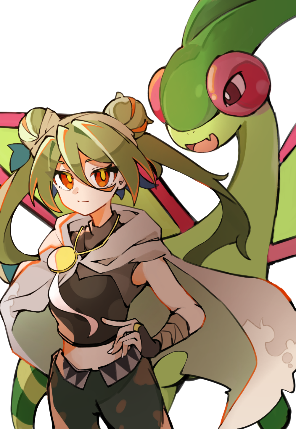 1girl brown_eyes closed_mouth commentary_request double_bun fingerless_gloves flygon gen_3_pokemon gloves green_hair ground_miku_(project_voltage) hair_between_eyes hair_bun hand_on_own_hip hatsune_miku highres long_hair nintendo pants pokemon pokemon_(creature) project_voltage shimoyama_(zywm5484) shirt sleeveless sleeveless_shirt smile split_mouth twintails vocaloid white_background yellow_pupils