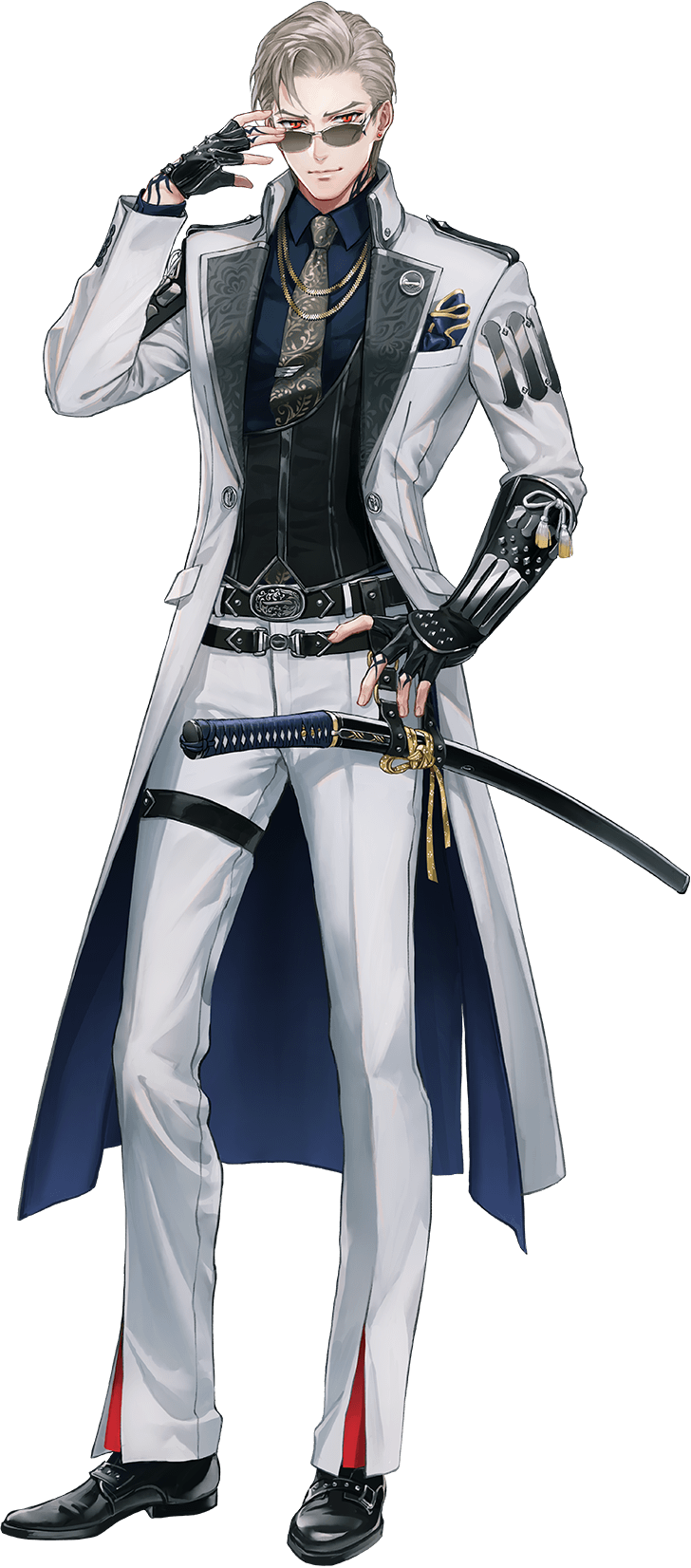 1boy armor belt black_gloves blonde_hair collared_shirt earrings fingerless_gloves full_body gloves highres jacket japanese_armor jewelry katana kote male_focus necktie official_art pants red_eyes sanchoumou sheath sheathed shirt smile stud_earrings suda_ayaka sunglasses sword touken_ranbu transparent_background weapon white_pants
