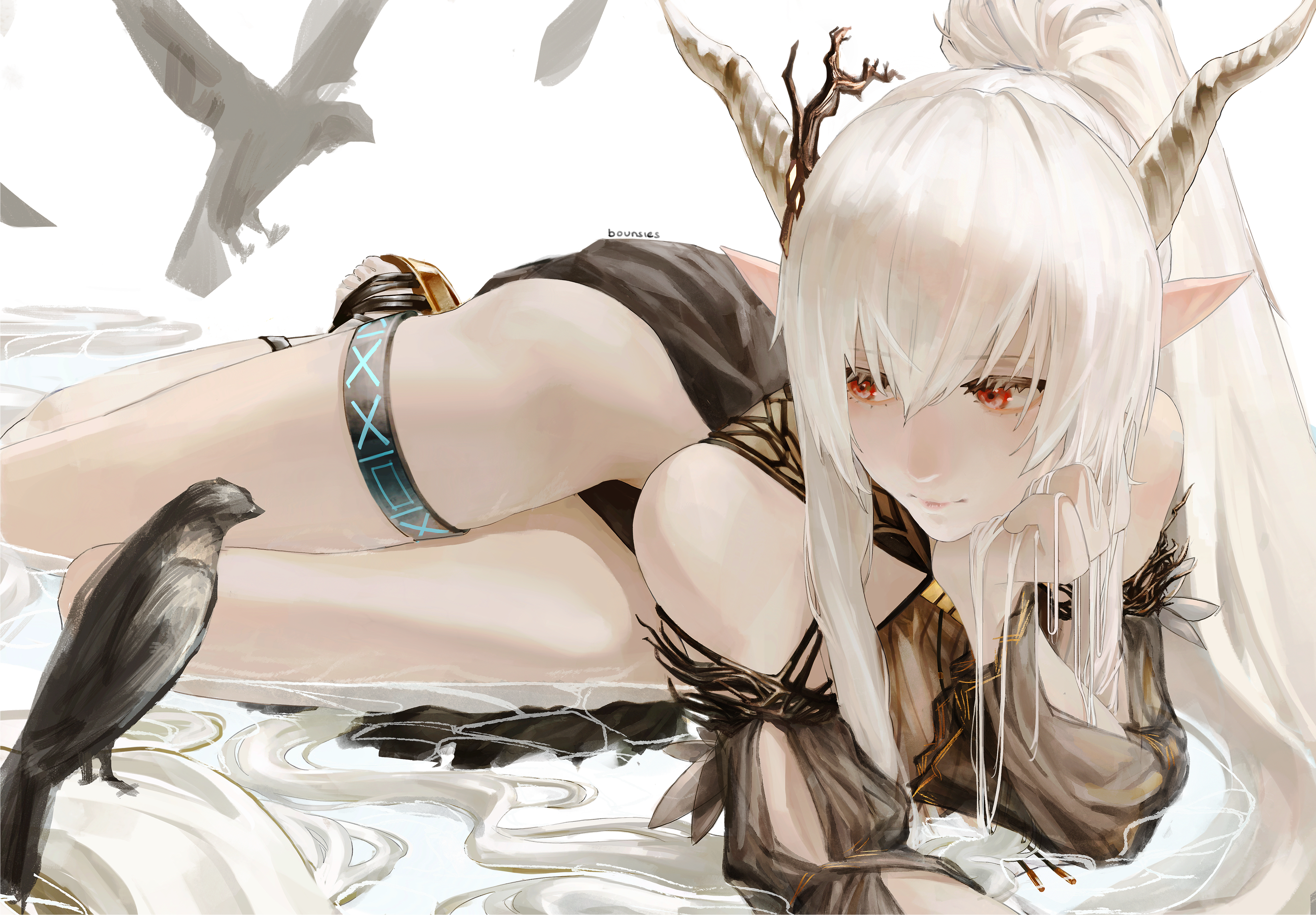 1girl absurdres arknights arm_rest artist_name bare_shoulders bird black_one-piece_swimsuit bounsies commentary demon_girl demon_horns detached_sleeves expressionless hair_between_eyes hair_spread_out highres horns infection_monitor_(arknights) long_hair looking_at_animal looking_to_the_side lying lying_on_water official_alternate_costume on_side one-piece_swimsuit pointy_ears ponytail red_eyes sandals shining_(arknights) shining_(silent_night)_(arknights) solo swimsuit thigh_strap thighs very_long_hair water white_background white_hair