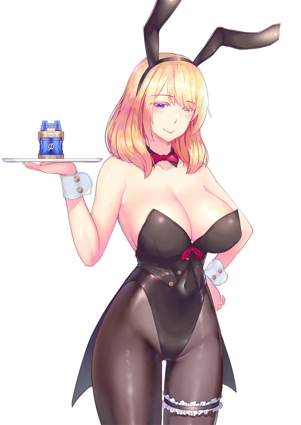 1girl animal_ears bare_shoulders black_leotard black_pantyhose blonde_hair blue_eyes bow bowtie breasts collarbone cowboy_shot detached_collar fake_animal_ears female_focus frilled_thigh_strap heterochromia highleg highleg_leotard highres holding holding_tray kamen_rider large_breasts leotard pantyhose playboy_bunny rabbit_ears renown_(warship_girls_r) short_hair simple_background smile solo standing strapless strapless_leotard thigh_strap tray warship_girls_r white_background wrist_cuffs xiao_shei.. yellow_eyes