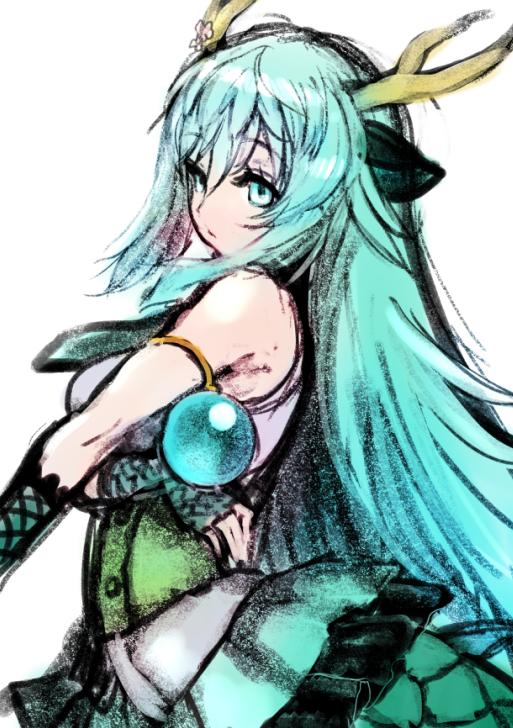 1girl animal_ears bare_shoulders blue_dragon_(kemono_friends) dragon_girl dragon_horns dragon_tail elbow_gloves extra_ears fingerless_gloves gloves green_eyes green_hair horns ise_(0425) kemono_friends long_hair looking_at_viewer looking_back necktie shirt simple_background skirt sleeveless sleeveless_shirt solo tail
