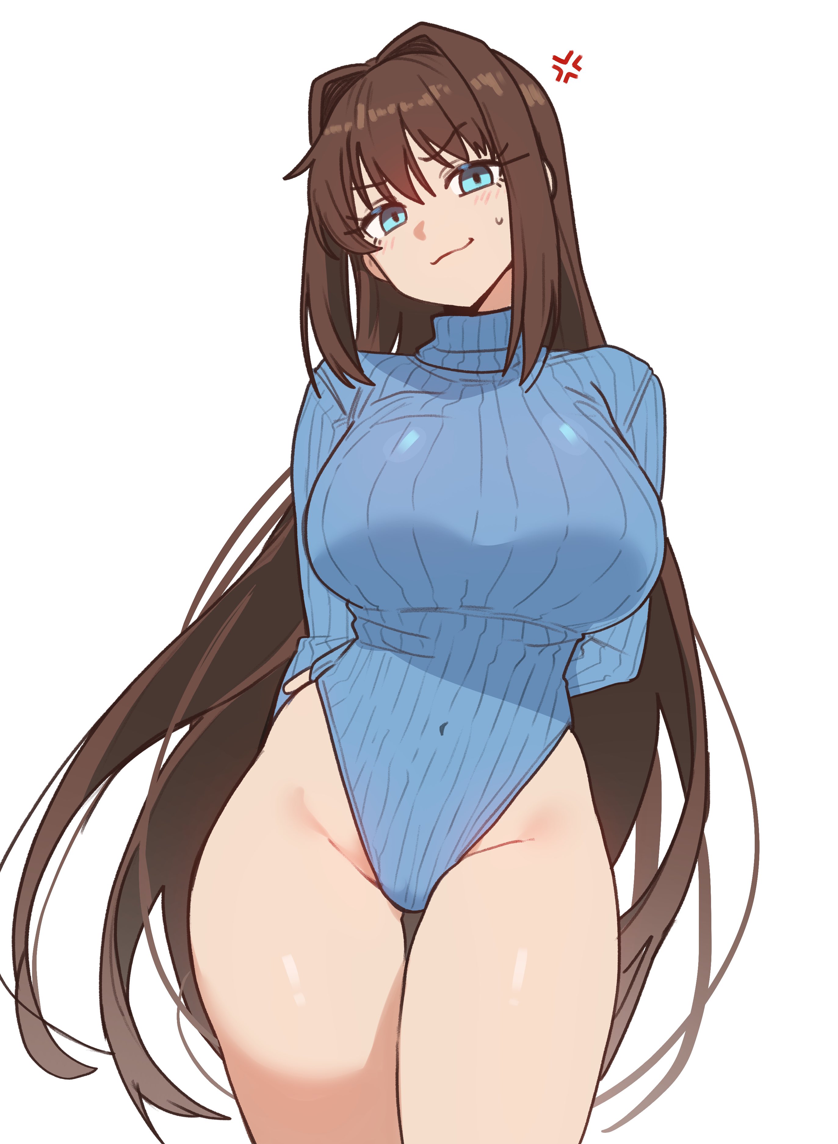 1girl absurdres anger_vein aozaki_aoko arms_behind_back blue_eyes blue_leotard breasts brown_hair commentary ebora english_commentary false_smile hair_intakes heattech_leotard highleg highleg_leotard highres large_breasts leotard long_hair looking_at_viewer mahou_tsukai_no_yoru ribbed_leotard ribbed_sweater sleeved_leotard smile solo sweater turtleneck very_long_hair white_background