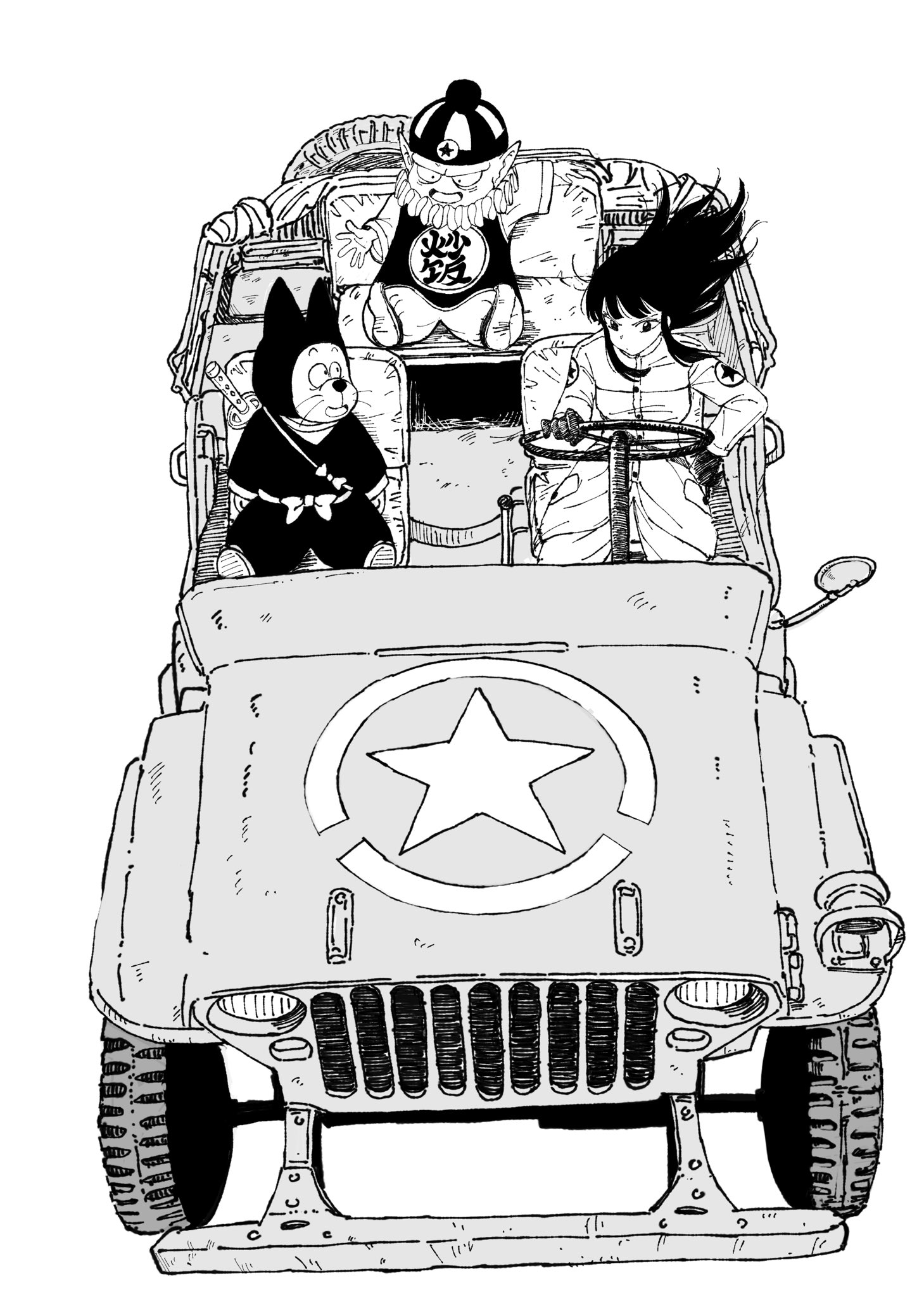 1girl 2boys :d bow breasts buttons car closed_mouth coat commentary_request dragon_ball dragon_ball_(classic) driving frown gloves grey_background greyscale hat highres kajino_(aosansai) katana left-hand_drive long_hair long_sleeves looking_at_another mai_(dragon_ball) military_jeep monochrome motor_vehicle multiple_boys open_mouth pilaf rear-view_mirror shoes shuu_(dragon_ball) simple_background sitting smile snout star_(symbol) steering_wheel sword vehicle_focus weapon weapon_on_back whiskers