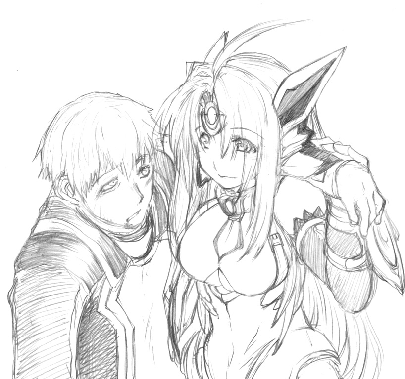 00s allen_ridgeley arm_around_neck keshin kos-mos long_hair male_focus short_hair sketch xenosaga