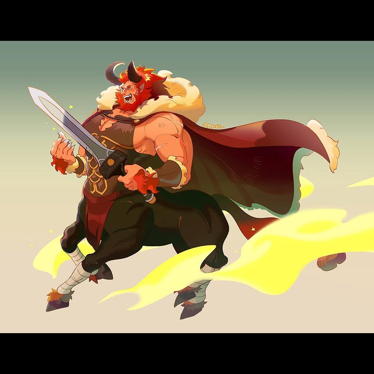 1boy artist_name bara beard cape centauroid claws commentary english_commentary facial_hair fangs fate_(series) fur-trimmed_cape fur_trim holding holding_sword holding_weapon hooves horns iskandar_(fate) lynel male_focus muscular muscular_male open_mouth pectorals pegushi pointy_ears red_hair scar scar_on_arm sword taur weapon