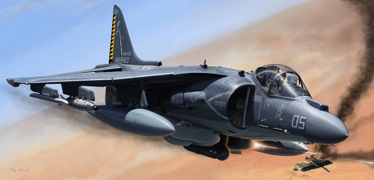 1other aircraft airplane ambiguous_gender artist_name blue_sky canopy_(aircraft) commentary commentary_request day desert english_commentary fighter_jet firing flying gulf_war hawker_harrier mick_(m.ishizuka) military_vehicle missile mixed-language_commentary motor_vehicle original outdoors pilot realistic roundel sky smoke smoke_trail tank united_states_marine_corps vehicle_focus war