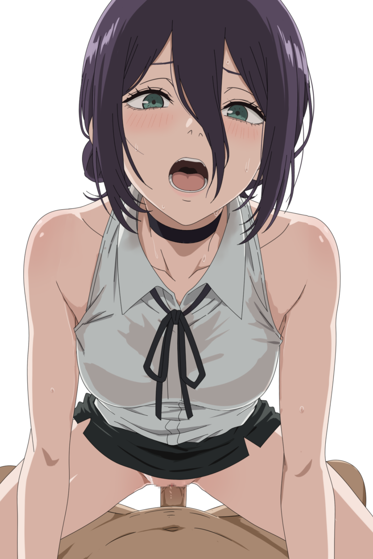 1boy 1girl :o akinoya bare_shoulders black_choker black_skirt breasts censored chainsaw_man choker clothes_lift cowgirl_position girl_on_top hair_bun hetero highres looking_at_viewer miniskirt mosaic_censoring open_mouth penis pussy reze_(chainsaw_man) sex shirt simple_background skirt skirt_lift sleeveless sleeveless_shirt small_breasts straddling vaginal white_background white_shirt