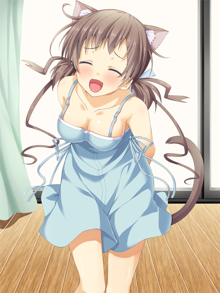 10s 1girl animal_ears aomi_isara asa_no_ha_(awayuki) brown_hair cat_ears cat_tail closed_eyes fang female_focus koi_to_senkyo_to_chocolate long_hair solo tail