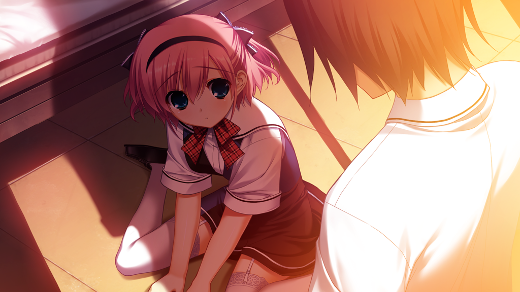 1boy 1girl black_bow black_dress black_hair black_hairband black_shoes blue_eyes bow bowtie closed_mouth dress frilled_bow frills from_above full_body fumio_(ura_fmo) game_cg garter_straps grisaia_(series) grisaia_no_kajitsu hair_between_eyes hair_bow hairband indoors kazami_yuuji komine_sachi lace lace-trimmed_thighhighs lace_trim loafers looking_at_another non-web_source over_shoulder pink_hair plaid_bow plaid_bowtie plaid_clothes red_bow red_bowtie school_uniform shadow shirt shoes short_hair short_sleeves sitting sunlight thighhighs two_side_up variant_set wariza watch white_shirt white_thighhighs wristwatch