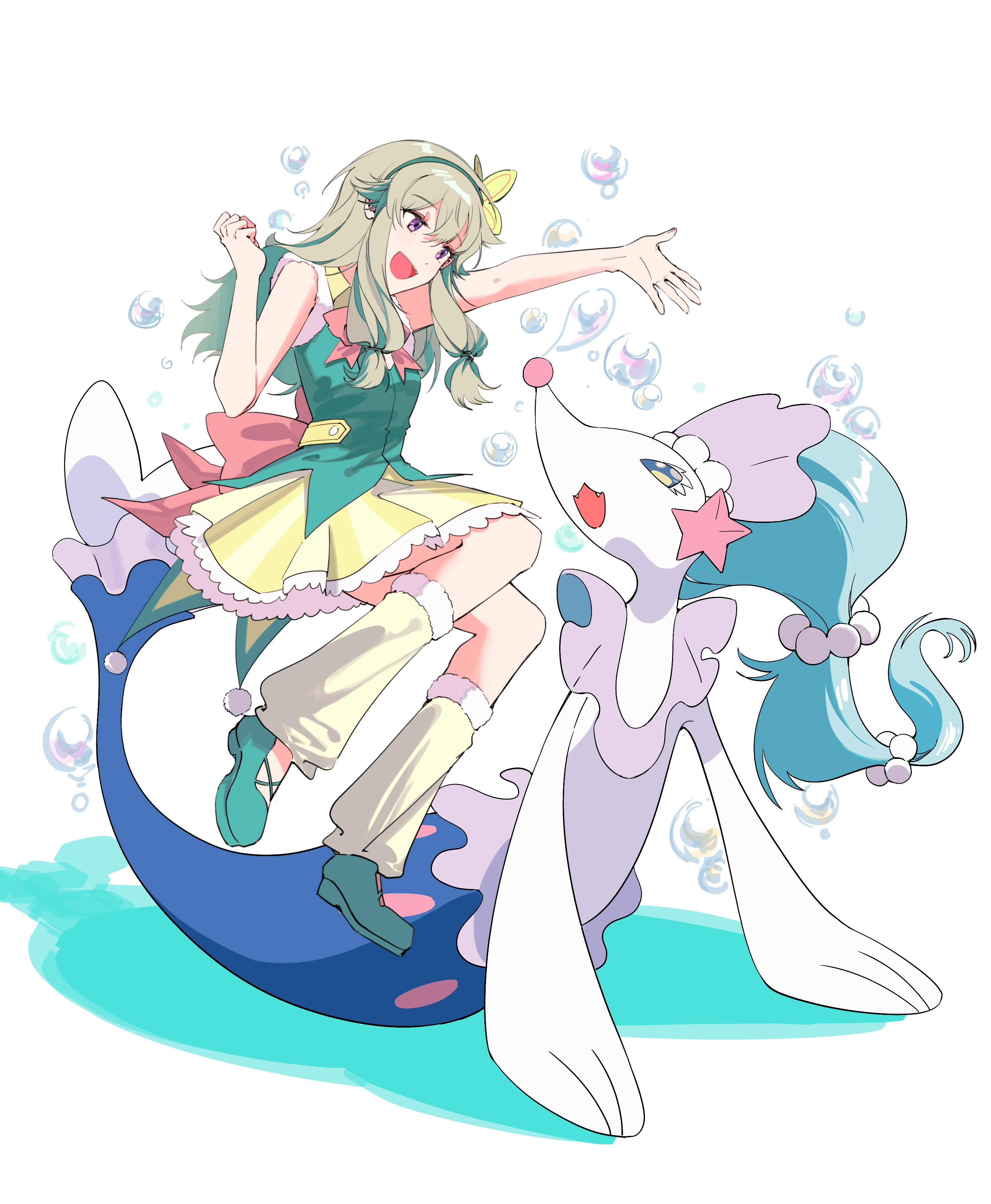 1girl :d absurdres back_bow bow bowtie bubble butterfly_hair_ornament clenched_hand colored_shadow commentary crossover frilled_skirt frills full_body fur-trimmed_leg_warmers fur-trimmed_vest fur_trim gen_7_pokemon green_hair green_hairband green_shoes green_vest hair_flaps hair_ornament hairband hands_up highres jumping kusanagi_nene leg_warmers long_hair long_sidelocks looking_at_another low-tied_sidelocks nintendo open_hand open_mouth outstretched_arm pink_bow pink_bowtie pokemon pokemon_(creature) pom_pom_(clothes) primarina project_sekai purple_eyes shadow shoes side-by-side sidelocks simple_background skirt sleeveless smile striped_clothes striped_skirt symbol-only_commentary three_quarter_view vertical-striped_clothes vertical-striped_skirt vest wedge_heels white_background white_trim yellow_leg_warmers yellow_skirt yukon_iiii
