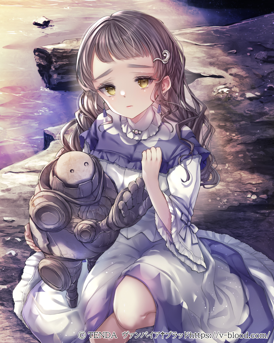 1girl blue_shirt blue_skirt brown_hair closed_mouth commentary_request copyright_name copyright_notice earrings evening frilled_skirt frilled_sleeves frills golem hair_ornament hane_segawa highres jewelry long_hair looking_at_viewer meir_sharl ocean official_art on_one_knee outdoors shirt skirt solo vampire_blood wide_sleeves yellow_eyes