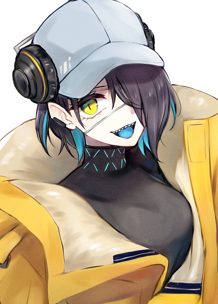1girl arknights asbestos_(arknights) baseball_cap black_sweater blue_hair blue_tongue coat colored_tongue commentary ear_piercing grey_hat hair_over_one_eye hat headphones headphones_over_headwear infection_monitor_(arknights) mugichya_(mugi_00xx) multicolored_hair one-hour_drawing_challenge one_eye_covered open_mouth piercing purple_hair sharp_teeth short_hair simple_background slit_pupils smile solo streaked_hair sweater teeth tongue turtleneck turtleneck_sweater upper_body upper_teeth_only white_background yellow_coat yellow_eyes