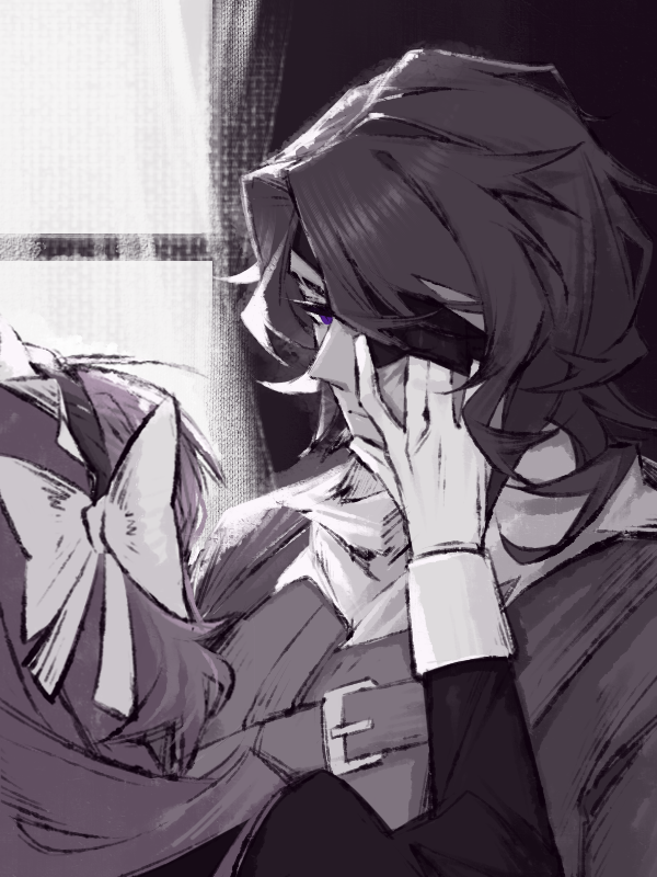 1boy 1girl bow coat eyepatch gloves hair_bow hairband hand_on_another&#039;s_face hand_up heathcliff_(project_moon) ishmael_(project_moon) limbus_company long_hair maid maid_headdress mercuryhx parted_bangs project_moon purple_eyes rope scarf sleeve_cuffs spot_color upper_body very_long_hair wuthering_heights_(identity)_(project_moon)