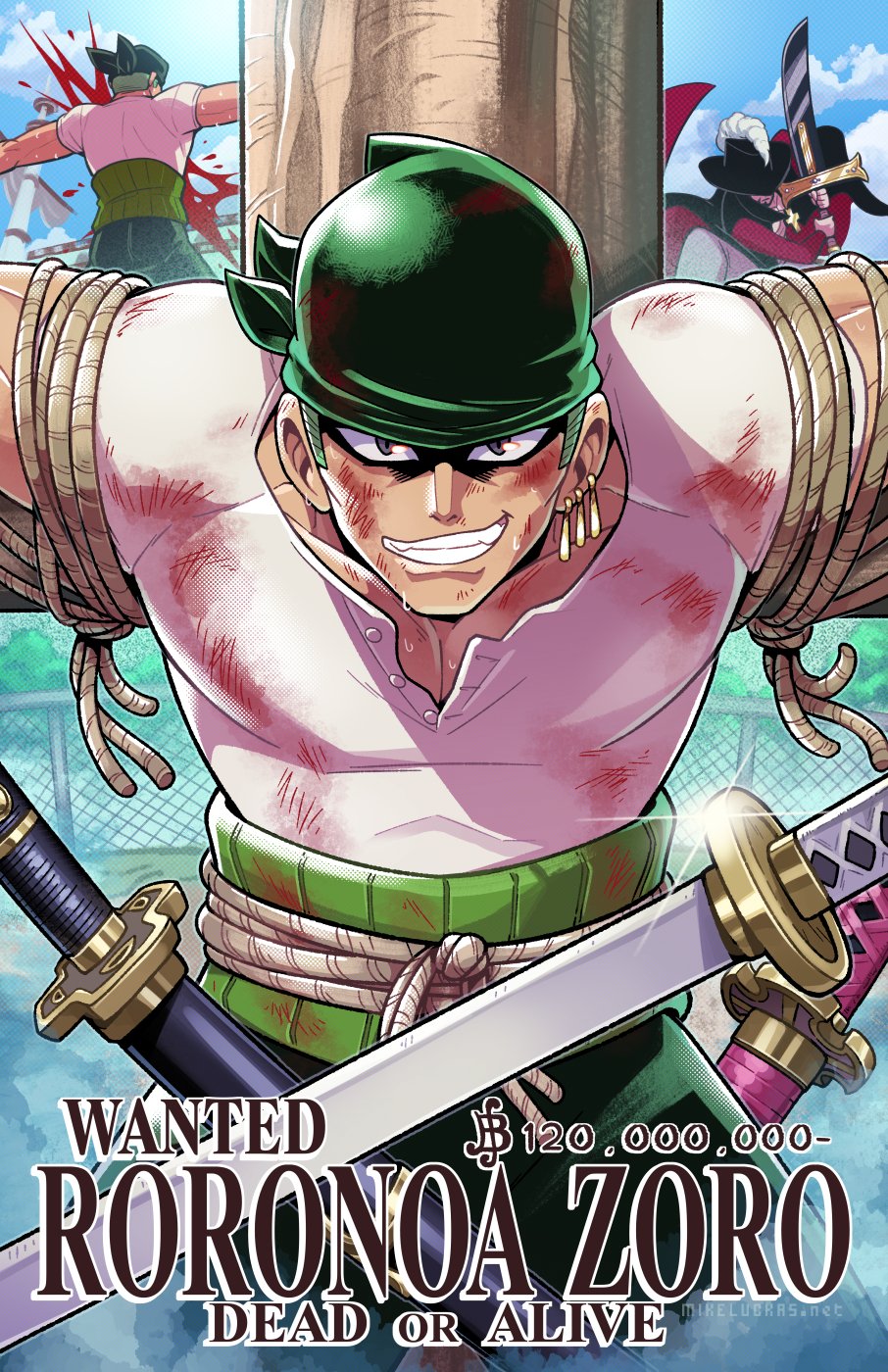 1boy bandana blood blood_on_clothes blood_on_face coat commentary cross_pendant datskelebutt dracule_mihawk earrings glint green_hair haramaki hat_feather highres holding holding_sword holding_weapon jewelry looking_at_viewer male_focus mike_luckas multiple_views one_piece roronoa_zoro shirt sky smile sword t-shirt weapon white_shirt