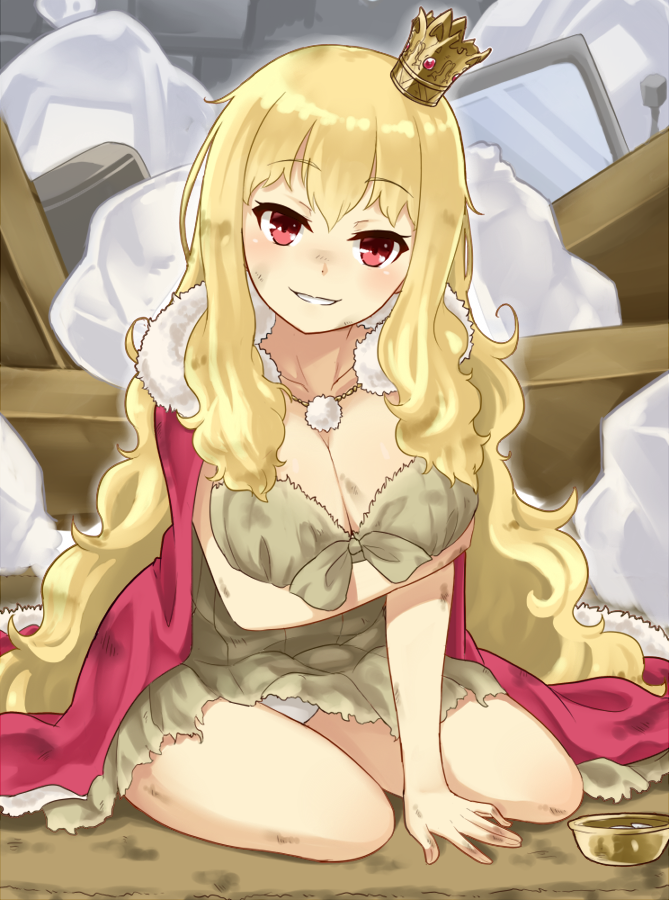 1girl arm_support blonde_hair blush breast_hold breast_lift breasts cape cleavage collarbone crown dirty female_focus fur_trim homeless large_breasts long_hair looking_at_viewer on_ground original panties pantyshot pink_eyes rags red_eyes smile solo trash ug_(nekonekodou) underwear very_long_hair white_panties
