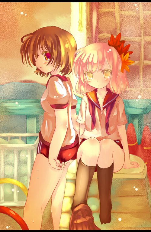 23 23_(candy_chapus) 2girls aki_minoriko aki_shizuha alternate_costume blonde_hair buruma female_focus gym_storeroom gym_uniform hair_ornament indoors leaf leaf_hair_ornament leaf_on_head multiple_girls red_eyes school_uniform serafuku short_hair siblings sisters touhou traffic_cone vaulting_horse yellow_eyes