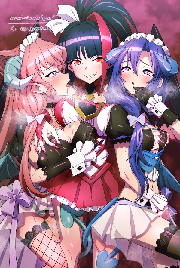 3girls black_collar black_hair black_thighhighs blue_eyes blue_hair blush breasts collar commission demon_girl demon_horns dress eyebrows_hidden_by_hair female_masturbation femdom fff_threesome fingernails fishnet_thighhighs fishnets from_side girl_sandwich grabbed_breast_over_shoulder grabbing_another&#039;s_breast grin groping group_sex hair_between_eyes heart heart_tail horns kazanari_tsubasa large_breasts long_fingernails long_hair looking_at_another looking_at_viewer maria_cadenzavna_eve masturbation midriff millaarc multiple_girls navel nipple_stimulation nipple_tweak open_mouth pink_hair purple_eyes pussy_juice red_background red_dress red_eyes red_skirt saliva saliva_trail sandwiched senki_zesshou_symphogear signature simple_background skirt slit_pupils smile smug steaming_body tail teeth thighhighs threesome tongue tongue_out uganda_(ugandam_00) very_long_hair white_headdress white_wrist_cuffs wrist_cuffs yuri