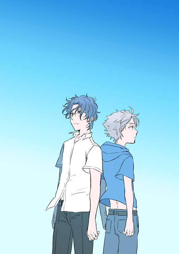 2boys ahoge back-to-back blue_eyes blue_hair blue_sky brothers fate/zero fate_(series) hood hoodie male_focus matou_byakuya matou_kariya multiple_boys ronpaxronpa short_hair siblings sky wavy_hair white_hair