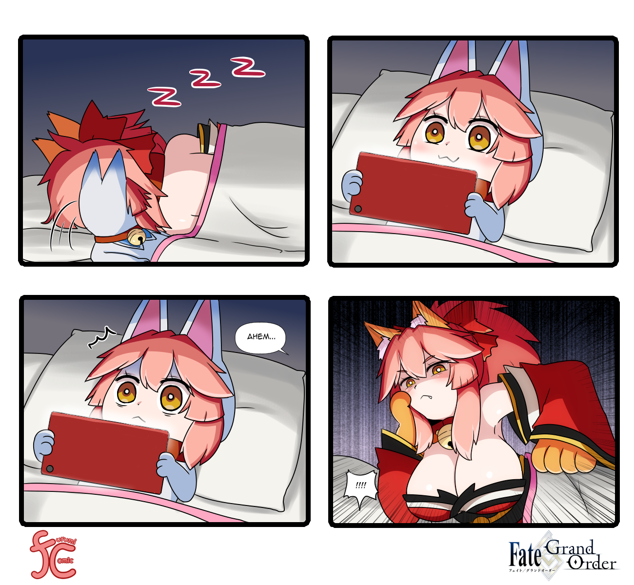 2girls 4koma :&lt; :3 animal_ear_fluff animal_ears animal_hands bare_shoulders bed bell blush breasts cat_paws cellphone cleavage collar comic commentary cosplay detached_sleeves english_commentary english_text fang fate/grand_order fate_(series) fou_(fate) fou_(fate)_(cosplay) fox_ears fox_girl gloves hair_ribbon highres japanese_clothes jingle_bell keita_naruzawa kimono large_breasts lying mini_person minigirl multiple_girls neck_bell paw_gloves phone pink_hair ponytail red_kimono red_ribbon ribbon sleeping smartphone speech_bubble square_4koma tamamo_(fate) tamamo_cat_(fate) tamamo_cat_(first_ascension)_(fate) yellow_eyes zzz
