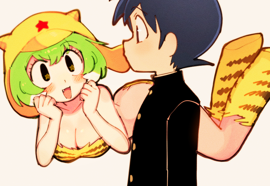 1boy 1girl batrobin_k black_hair blush breasts cleavage collarbone cosplay fang green_hair hinata_fuyuki kemono_friends keroro keroro_(kemono_friends) keroro_gunsou large_breasts looking_at_viewer lum lum_(cosplay) open_mouth personification simple_background smile urusei_yatsura white_background