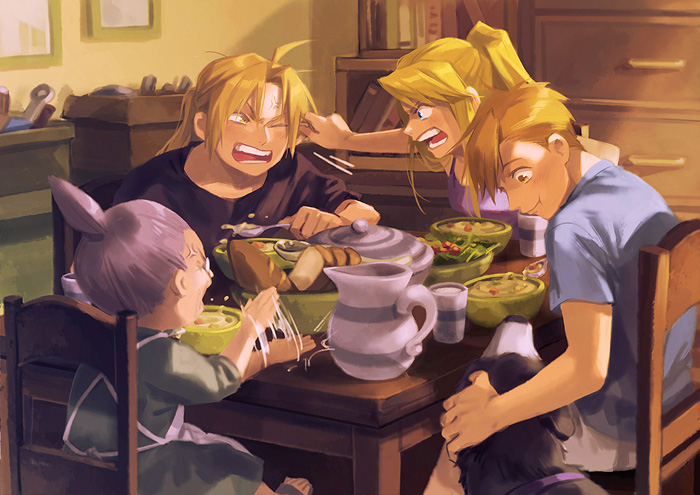 2boys 2girls ahoge alphonse_elric anger_vein apron black_shirt blue_eyes blue_shirt bowl bread brothers cup dog dress eating edward_elric food food_in_mouth fullmetal_alchemist furrowed_brow glasses grabbing_another&#039;s_ear grandmother_and_granddaughter green_dress grey_hair hand_on_another&#039;s_ear holding holding_spoon loaf_of_bread long_hair loveariddle multiple_boys multiple_girls one_eye_closed open_mouth parted_bangs petting pinako_rockbell pitcher_(container) ponytail shirt short_hair short_sleeves shouting siblings sitting sleeveless sleeveless_shirt smile spoon table white_apron winry_rockbell wrench yellow_eyes
