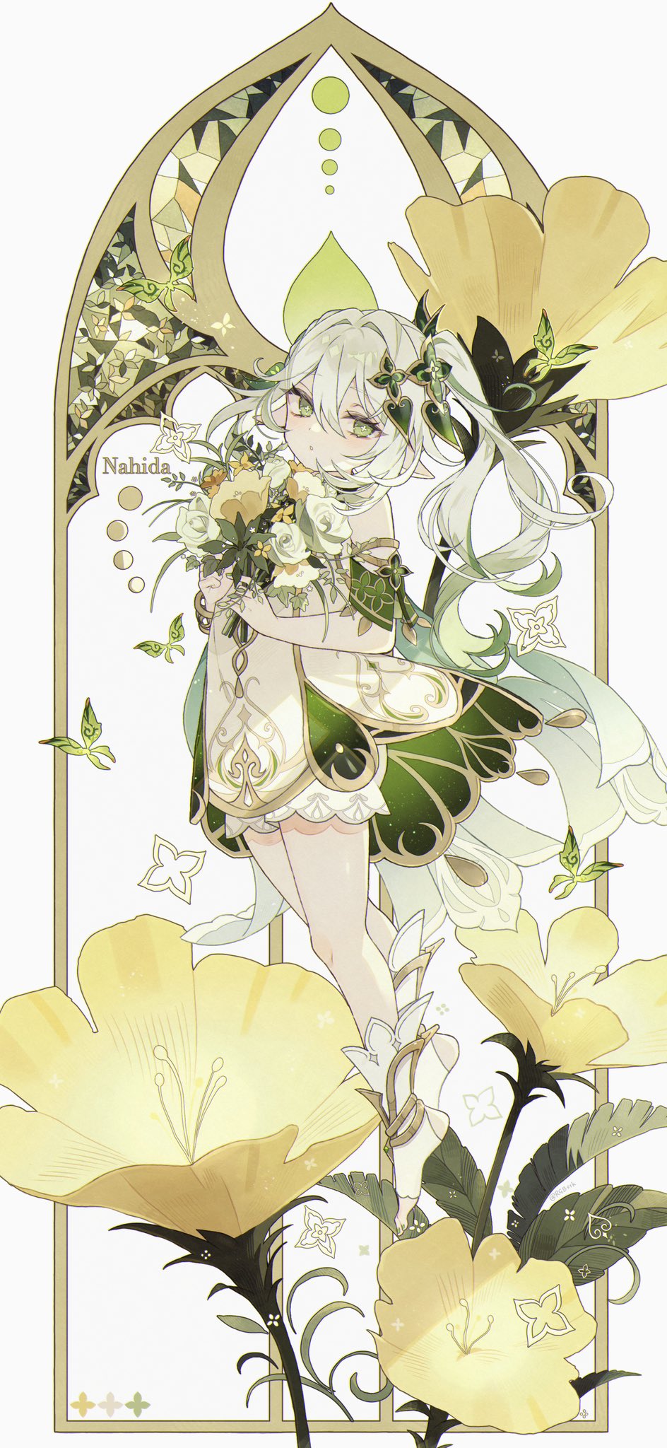 1girl bare_shoulders bloomers bug butterfly character_name chestnut_mouth detached_sleeves dress english_text flower flower-shaped_pupils full_body genshin_impact gradient_hair green_butterfly green_eyes green_hair highres holding holding_flower insect looking_at_viewer looking_to_the_side medium_hair multicolored_hair nahida_(genshin_impact) open_mouth pointy_ears satsuki_(miicat) side_ponytail sleeveless sleeveless_dress symbol-shaped_pupils tachi-e toeless_footwear two-tone_hair underwear white_dress white_flower white_hair yellow_flower
