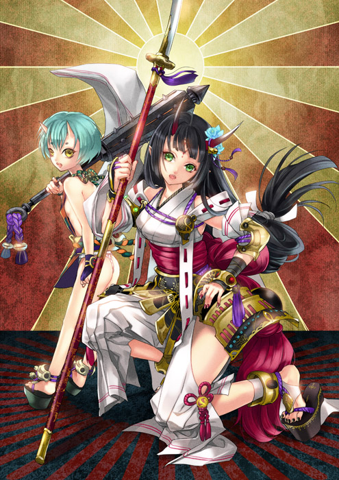 2girls anklet aqua_hair ass barefoot bell black_hair bow breasts club club_(weapon) detached_sleeves feet flower geta green_eyes hinomoto_oniko horns jewelry kanabou kuroba_(artist) kuroba_k long_hair multiple_girls oni original platform_clogs polearm short_hair sideboob spear toeless_legwear very_long_hair weapon