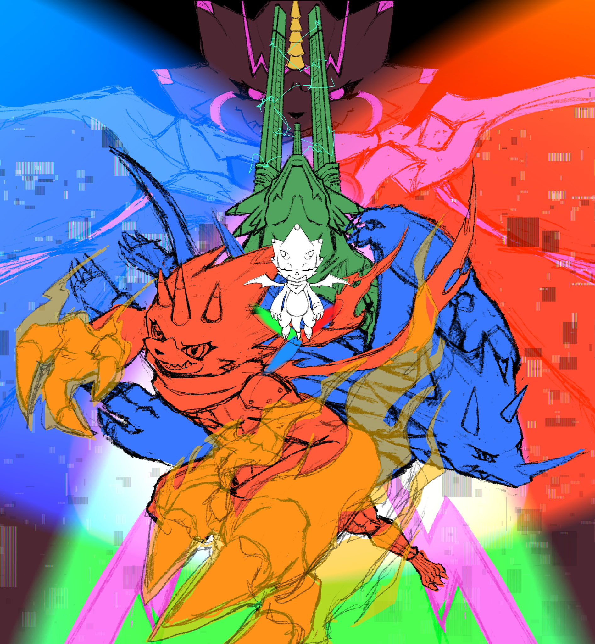 betelgammamon digimon dinosaur_boy gammamon gulusgammamon highres horns kausgammamon sharp_teeth teeth triceratops wezengammamon wings