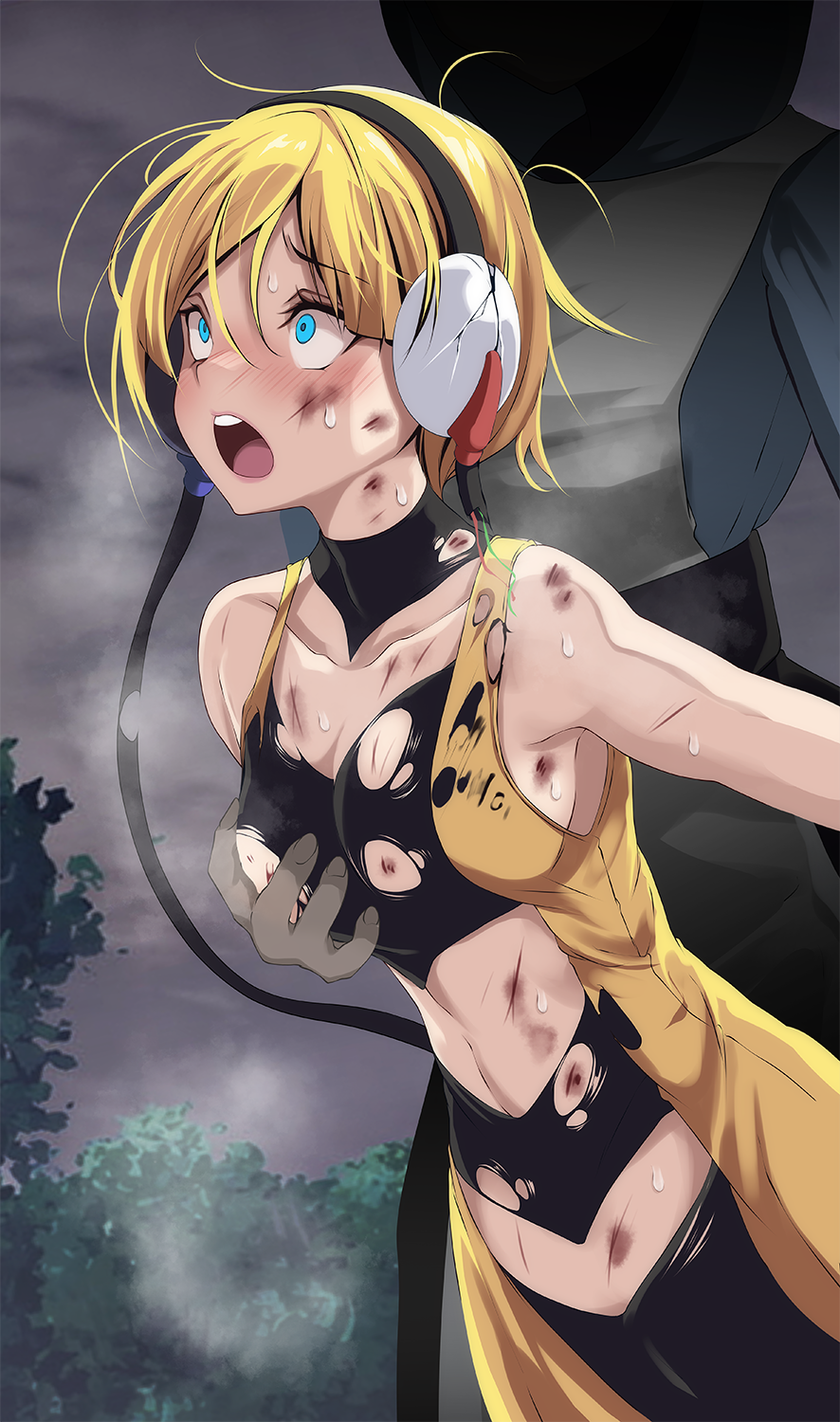 1boy 1girl black_choker black_hairband blonde_hair blue_eyes blush breasts bruise bruise_on_face choker cloud cloudy_sky collarbone elesa_(pokemon) grabbing_another&#039;s_breast grabbing_from_behind groping hair_between_eyes hairband headphones highres injury looking_up nintendo open_mouth outdoors pokemon pokemon_bw rape short_hair sky small_breasts sweatdrop team_plasma team_plasma_grunt torn_clothes tsukishiro_saika
