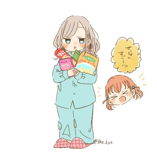 &gt;_&lt; 2girls :d :o aqua_pajamas aqua_pants aqua_shirt blue_eyes ceras_yanagida_lilienfeld chibi chibi_inset chips_(food) commentary food grey_hair hair_ribbon hinoshita_kaho jitome kase_(ks_lys) link!_like!_love_live! long_sleeves love_live! medium_hair multiple_girls open_mouth orange_hair pajamas pants pink_ribbon pink_slippers pocky potato_chips ribbon shirt simple_background slippers smile snack solo_focus virtual_youtuber white_background xd