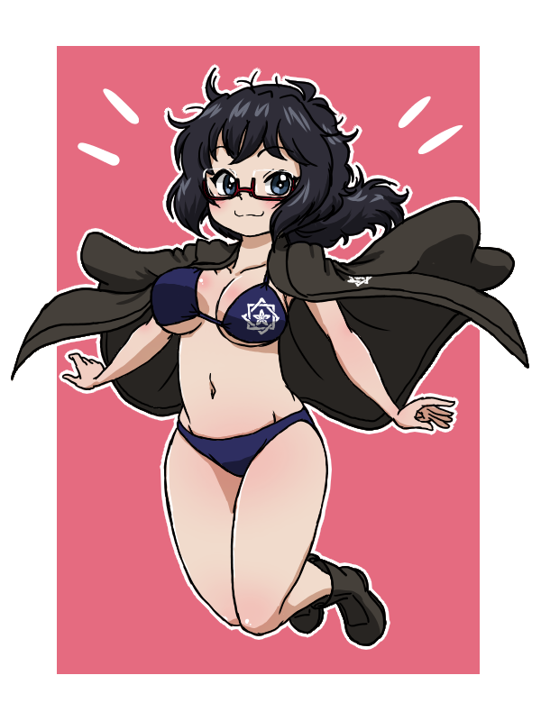 1girl bikini black_boots black_eyes black_hair blue_bikini boots breasts closed_mouth commentary floating girls_und_panzer glasses groin halterneck haori japanese_clothes legs_up looking_at_viewer medium_breasts medium_hair messy_hair navel oryou_(girls_und_panzer) outline pink_background ponytail red-framed_eyewear sakamoto_clan_(emblem) semi-rimless_eyewear short_ponytail smile solo swimsuit takahashi_kurage under-rim_eyewear white_outline