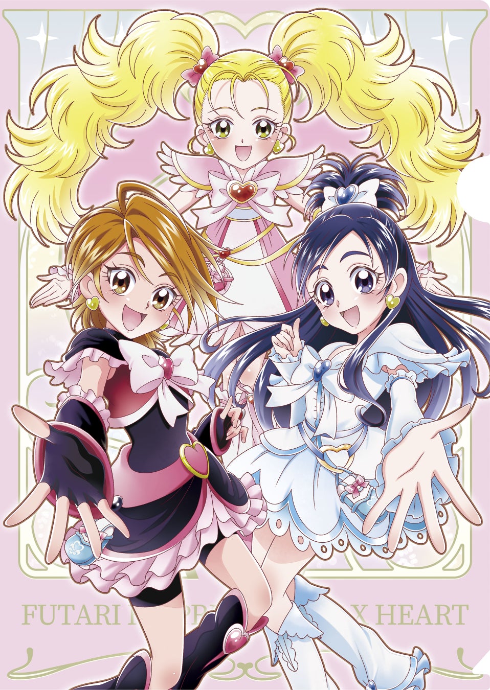 3girls artist_request bag_bow belt belt_bag belt_buckle black_arm_warmers black_dress black_gloves black_leg_warmers black_shorts blonde_hair blue_bag blue_brooch border bow bowtie brooch brown_eyes brown_hair buckle card_(medium) colorful_background commentary_request copyright_name cure_black cure_white dress earrings eyelashes feather-trimmed_sleeves fingerless_gloves floating_clothes floating_hair foot_out_of_frame forehead frilled_arm_warmers frilled_dress frilled_leg_warmers frilled_sleeves frills futari_wa_precure futari_wa_precure_max_heart gloves gold_buckle gold_earrings hair_between_eyes hair_bow hair_ornament happy heart heart-shaped_buckle heart_brooch heart_earrings heart_hair_ornament high_ponytail highres jewelry kujou_hikari lace lace-trimmed_dress lace_trim leg_warmers light_blush long_hair magical_girl medium_dress misumi_nagisa multiple_girls offering_hand official_art open_mouth outside_border outstretched_arm picture_frame pink_arm_warmers pink_belt pink_border pink_bow pink_bowtie pink_dress pointy_nose ponytail precure purple_eyes purple_hair red_brooch red_vest second-party_source shiny_luminous short_dress short_hair short_ponytail short_sleeves shorts shorts_under_skirt sidelocks smile sparkle split_ponytail swept_bangs tareme tsurime twintails two-tone_bag very_long_hair vest white_arm_warmers white_bag white_bow white_bowtie white_dress white_leg_warmers yellow_eyes yukishiro_honoka