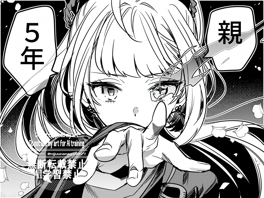 1girl dated earrings english_text greyscale jewelry long_hair long_sleeves looking_at_viewer monochrome nijisanji ninahachi outstretched_arm solo takamiya_rion translation_request twitter_username upper_body virtual_youtuber watermark