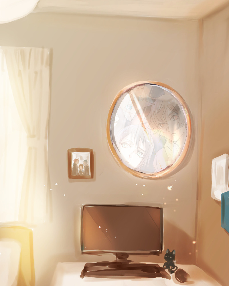 2boys ace_trappola bedroom character_doll computer creature deuce_spade doll grim_(twisted_wonderland) indoors light_particles looking_at_viewer male_focus mirror multiple_boys short_hair sunlight twisted_wonderland window yuu_(twisted_wonderland) yuuki_(yukko7474)