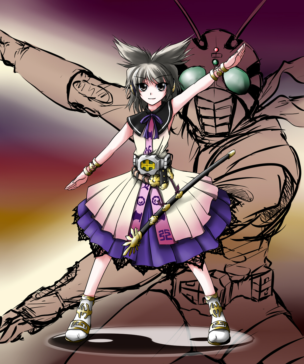 1girl crossover grey_hair henshin henshin_pose highres kamen_rider kamen_rider_zx kazami_shirou_(kaizou-zumi) parody rider_belt sword touhou toyosatomimi_no_miko weapon