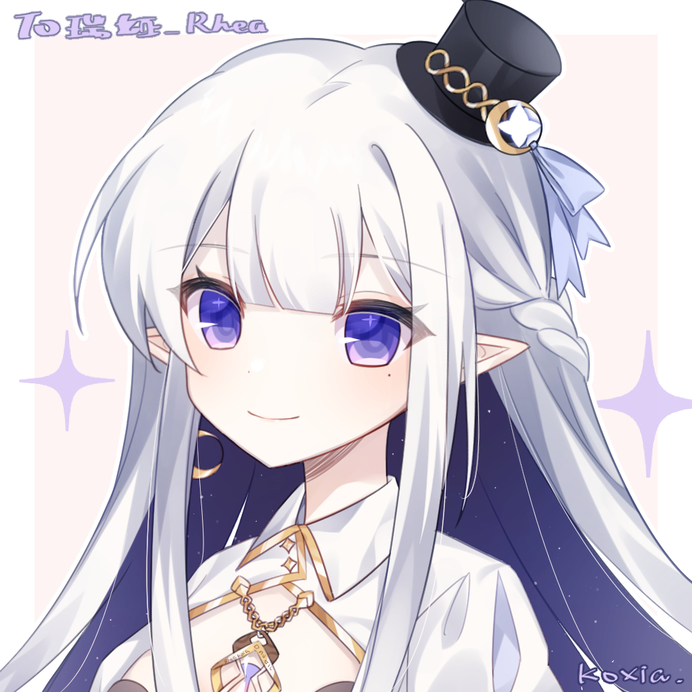 1girl ear_piercing earrings hat jewelry koxia_(artist) mole mole_under_eye nijisanji pale_skin piercing pointy_ears purple_eyes rhea_(virtuareal) top_hat virtual_youtuber virtuareal white_hair