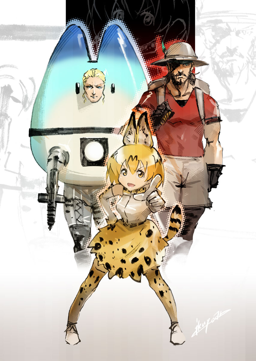 1boy 2girls animal_ears animal_print assault_rifle beard beta_c-mag big_boss blonde_hair carbine cosplay crossover double-drum_magazine drum_magazine eyepatch facial_hair fingerless_gloves gloves gun hat high-capacity_magazine highres ikuyoan kaban_(kemono_friends) kaban_(kemono_friends)_(cosplay) kemono_friends lucky_beast_(kemono_friends) lucky_beast_(kemono_friends)_(cosplay) m16 m231_firing_port_weapon machine_gun magazine_(weapon) metal_gear_(series) metal_gear_solid_3:_snake_eater multiple_girls name_connection pantyhose parody patriot_(metal_gear) rifle serval_(kemono_friends) shinkawa_youji_(style) short-barreled_rifle skirt style_parody tail the_boss thighhighs weapon