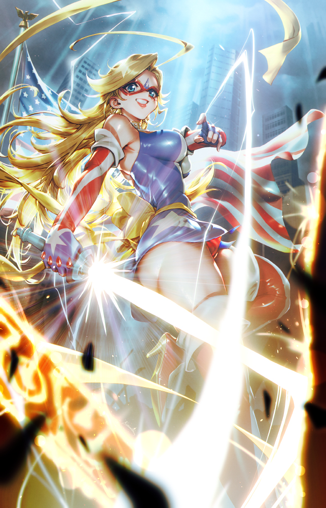 1girl american_flag american_flag_print blonde_hair blue_eyes boots breasts commentary eye_mask fingerless_gloves flag_print gloves gold_bow holding holding_weapon kamen_america kamen_america_(comic) kionaoki large_breasts long_hair made_in_2023 solo star_(symbol) superhero_costume weapon