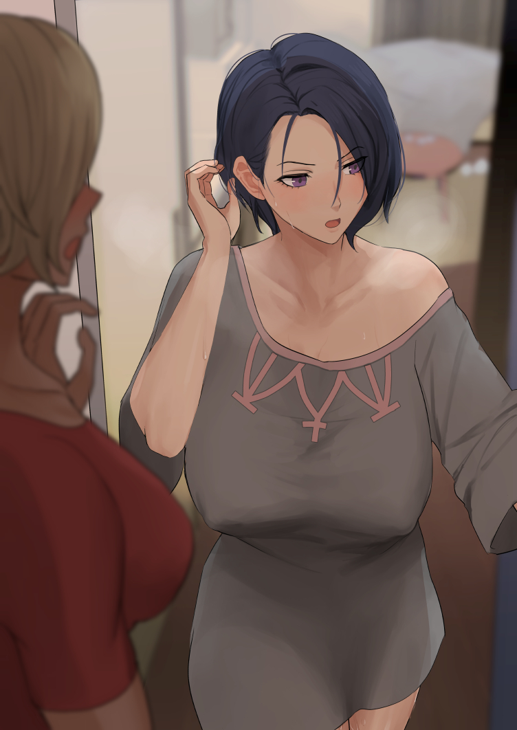 2girls blonde_hair blue_hair blurry blurry_background borrowed_clothes bottomless breasts catherine_(fire_emblem) covered_erect_nipples dark-skinned_female dark_skin fire_emblem fire_emblem:_three_houses grey_shirt large_breasts looking_to_the_side medium_breasts multiple_girls nintendo open_mouth oversized_clothes oversized_shirt oyatsu_0 purple_eyes red_shirt shamir_nevrand shirt solo_focus