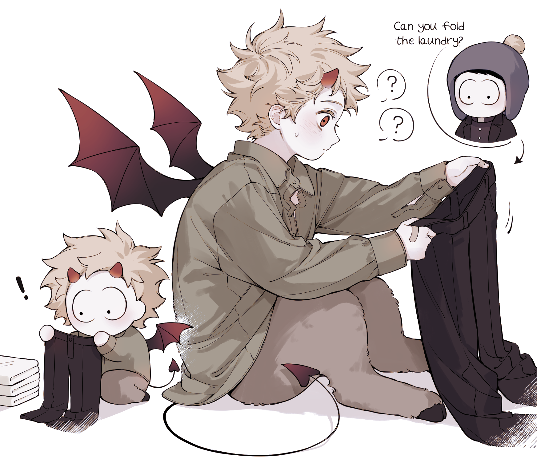 ! 0o0_w_o0 2boys ? animification bandaid bandaid_on_hand blonde_hair chibi collared_shirt craig_tucker demon_boy demon_horns demon_tail demon_wings english_text folding_clothes hat highres holding_pants hooves horns long_sleeves male_focus multiple_boys pants red_eyes shirt short_hair sitting south_park south_park:_phone_destroyer spoken_question_mark sweat tail tweek_tweak unworn_pants wings