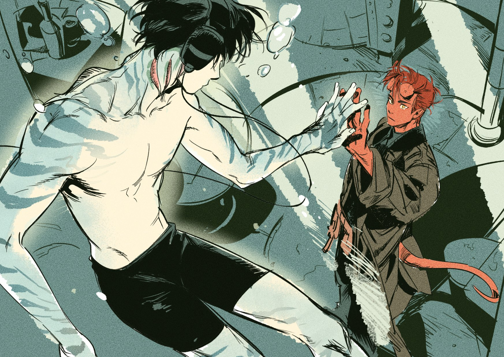 2boys abraham_sapien aquarium atie1225 black_hair coat colored_skin demon_boy headphones hellboy hellboy_(comic) highres horns looking_at_another male_focus merman monster_boy multiple_boys no_nipples pectorals red_hair red_skin short_hair shorts standing submerged swimming tail toned toned_male topless_male trench_coat underwater yellow_eyes