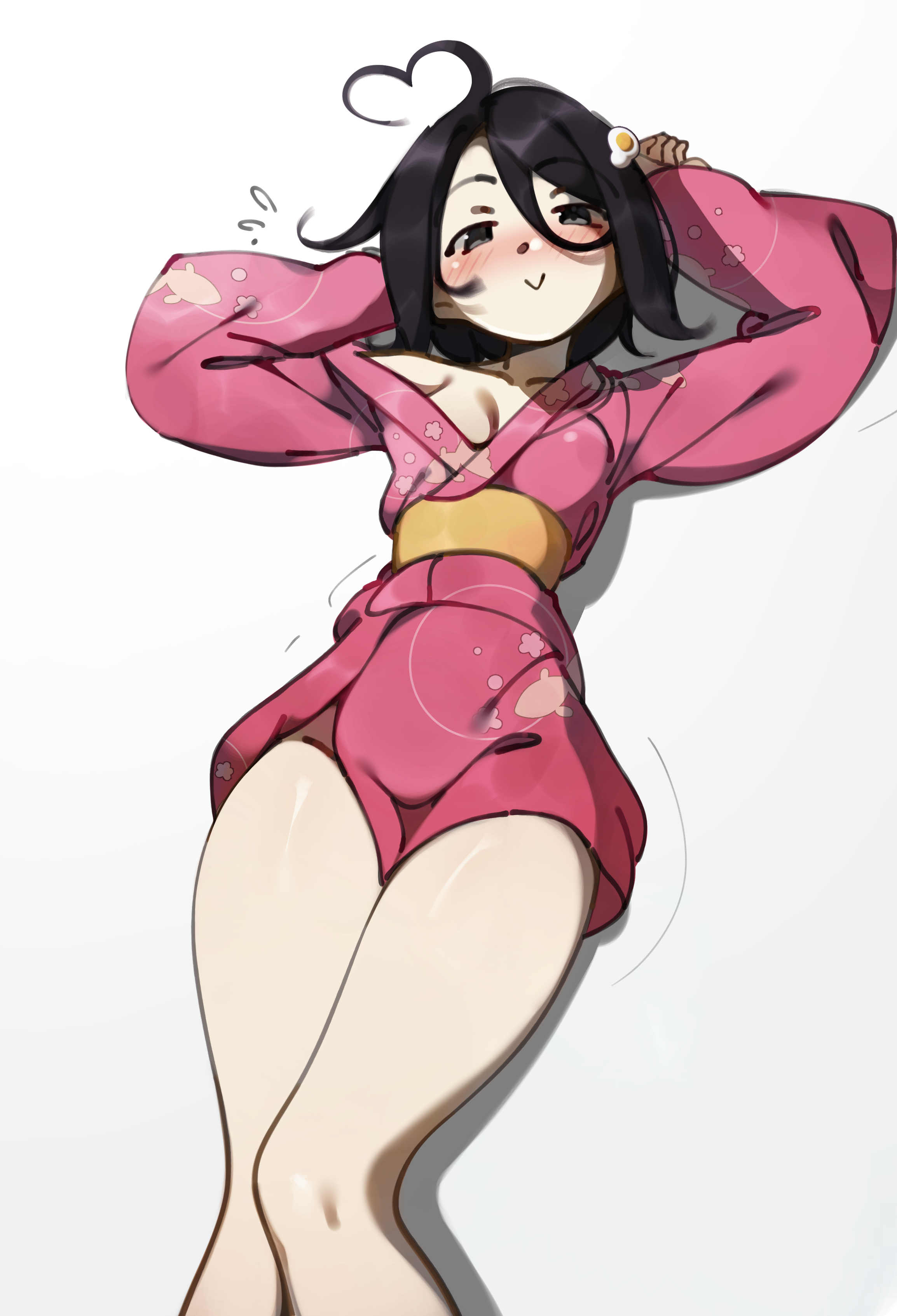 1girl :> absurdres ahoge animal_print araragi_tsukihi arms_up bakemonogatari black_eyes black_hair blush breasts closed_mouth collarbone cowboy_shot deko_morii egg_hair_ornament fish_print flying_sweatdrops food-themed_hair_ornament groin hair_between_eyes hair_ornament heart heart_ahoge highres japanese_clothes kimono koi long_sleeves looking_at_viewer lying monogatari_(series) obi off_shoulder on_back pink_kimono print_kimono sash short_hair short_kimono short_yukata simple_background single_off_shoulder small_breasts smile solo thighs white_background wide_sleeves yellow_sash yukata