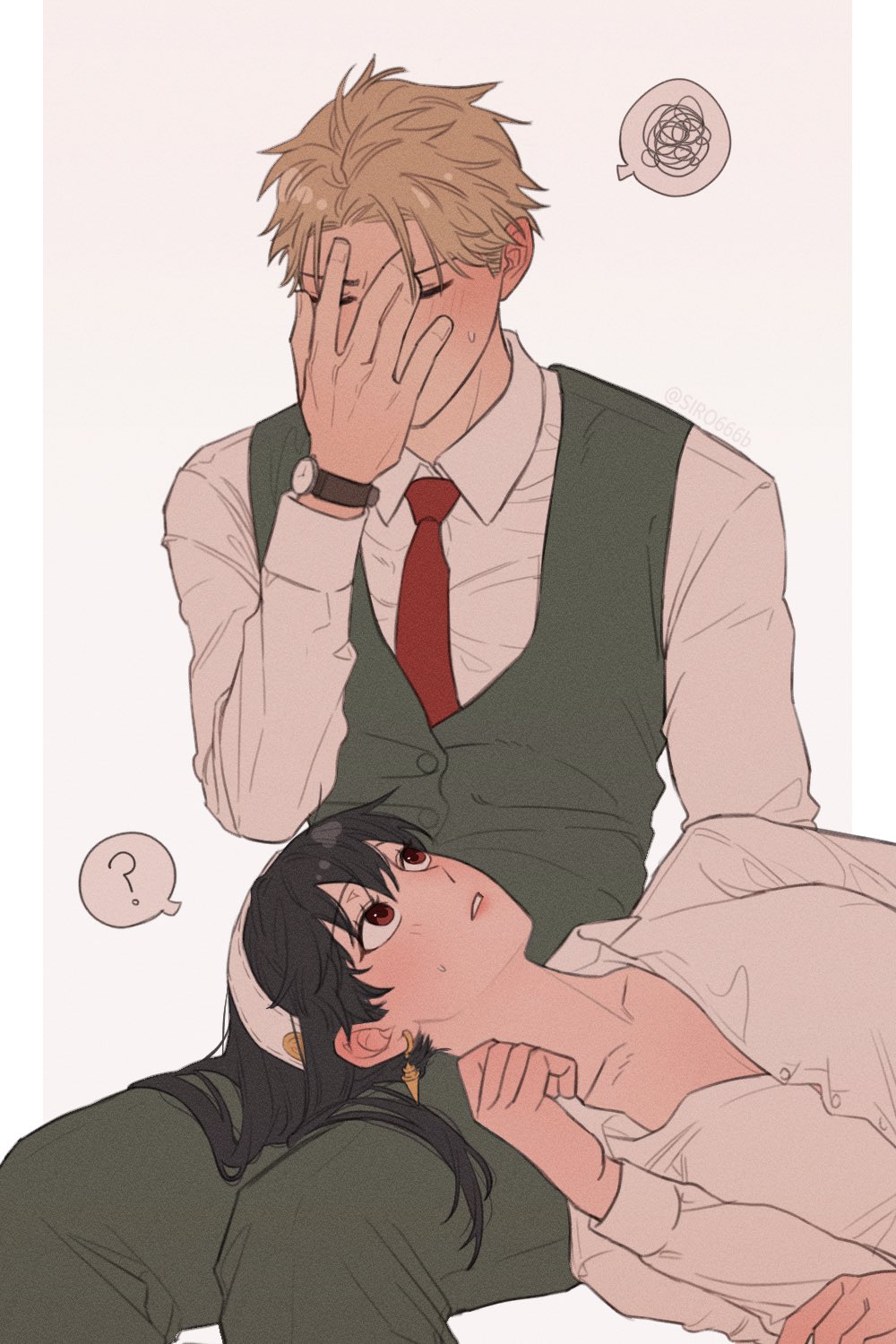 1boy 1girl ? black_hair blonde_hair blush clenched_hand closed_eyes collared_shirt couple earrings floating_earrings green_pants green_vest grey_background hair_between_eyes hairband hand_on_own_face highres jewelry lap_pillow long_hair looking_at_another mature_female mature_male necktie open_mouth pants red_eyes red_necktie shirt short_hair siro666b spy_x_family sweat twilight_(spy_x_family) vest watch white_hairband white_shirt wristwatch yor_briar