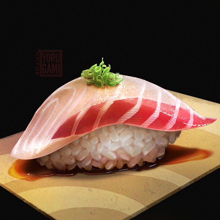 artist_name artofyorugami black_background commentary english_commentary fish_(food) food food_focus nigirizushi no_humans original rice simple_background soy_sauce sushi