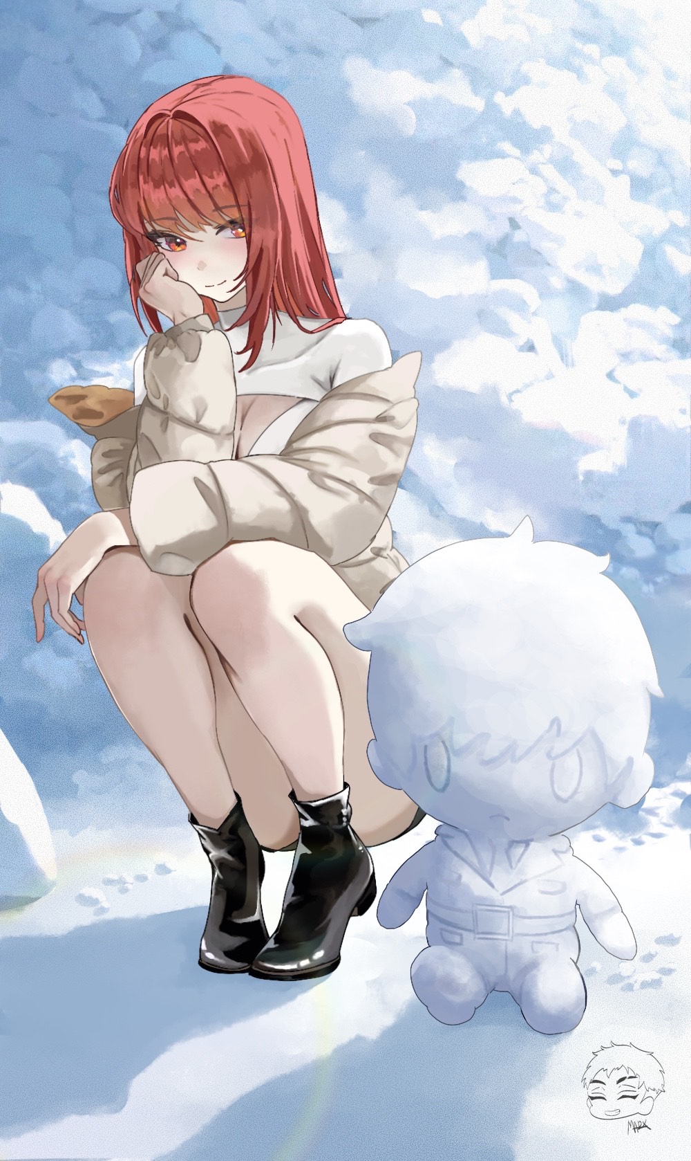 1girl alternate_costume breasts character_snowman cleavage cleavage_cutout clothing_cutout commander_(nikke) danny_marx goddess_of_victory:_nikke highres jacket long_hair long_sleeves official_alternate_hair_color outdoors rapi_(nikke) rapi_(red_hood)_(nikke) red_hair snow snowman solo squatting