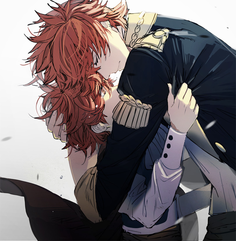 2boys age_comparison aged_down arm_up black_jacket black_pants brown_eyes closed_eyes closed_mouth crying crying_with_eyes_open fire_emblem fire_emblem:_three_houses garreg_mach_monastery_uniform hand_on_another&#039;s_head hug jacket long_sleeves looking_at_another male_focus multiple_boys nintendo pants red_hair school_uniform shirt shirt_tucked_in sylvain_jose_gautier tears tsukimura_noe white_background white_shirt